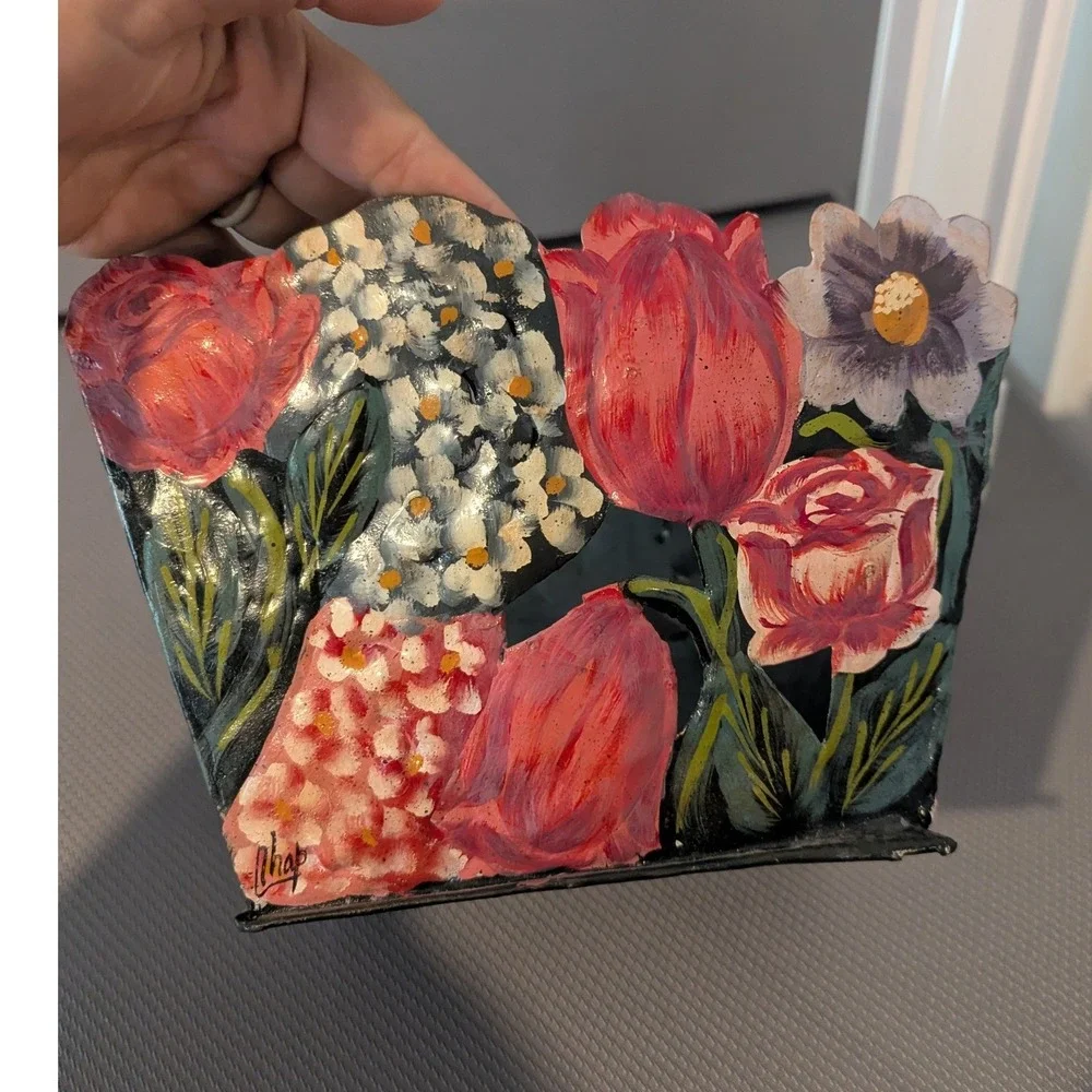 VTG Hand Painted Metal Floral Basket Planter Toleware Signed Beautiful India
